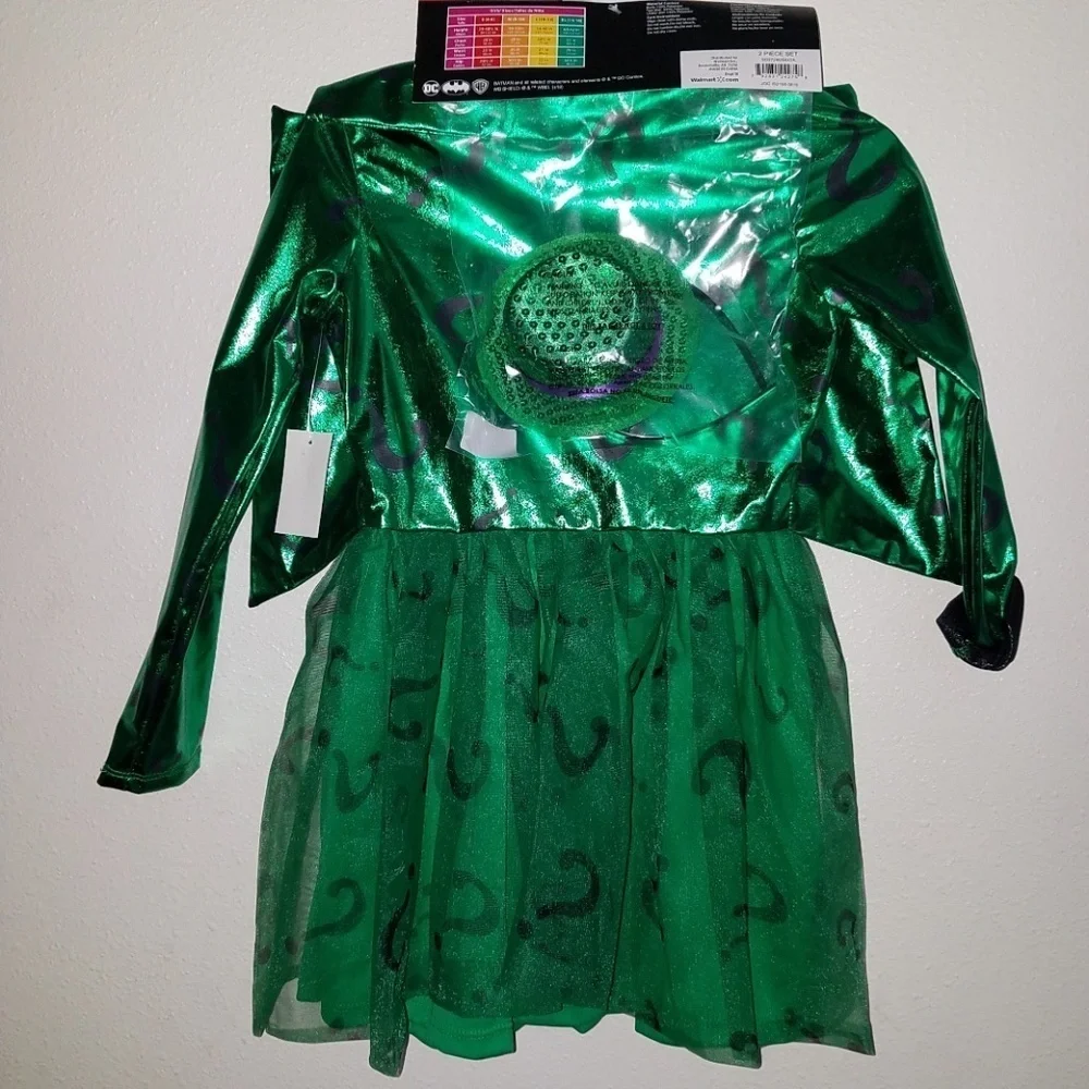 NEW Riddler Girl Halloween Costume Cosplay Small 4-6 Dress Hat Batman Villain